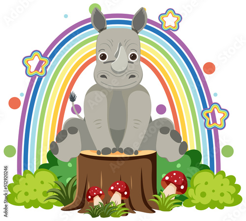 Cute rhinoceros on stump in flat cartoon style