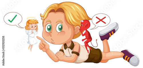 Cartoon character with devil and angel fighting in thought