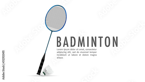 Badminton racket with white badminton shuttlecock isolated on white background with copy space for text  ,  illustration Vector EPS 10