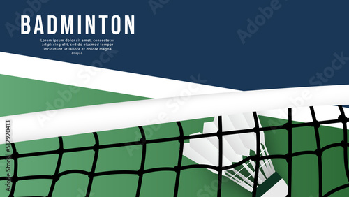 Shuttlecock on the white net and court indoor badminton sports wallpaper   background  with copy space,  illustration Vector EPS 10