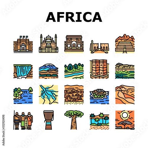 Africa Continent Nation Treasure Icons Set Vector. Drum Africa Traditional Musician Instrument And Serengeti National Park, Suleiman Pasha Mosque And Bandiagara Town Color Illustrations