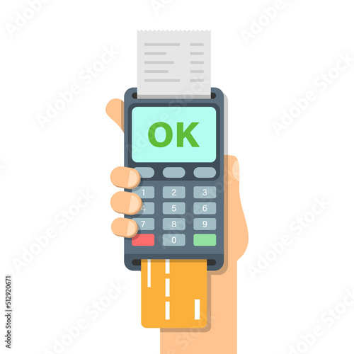 Male hand holding POS payment machine icon in flat style. Online payment vector illustration on isolated background. Banking transaction sign business concept.
