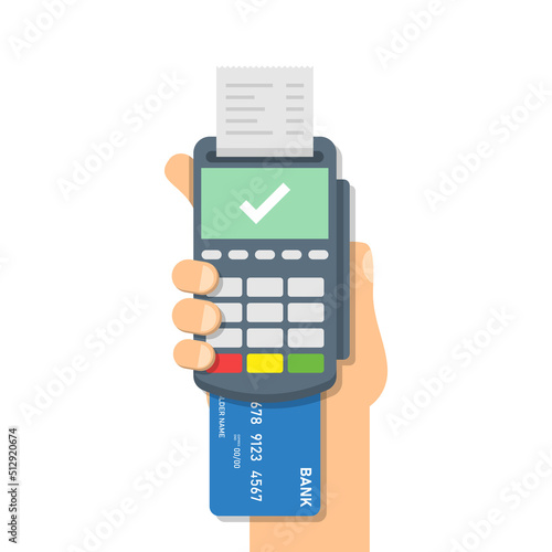 Male hand holding POS payment machine icon in flat style. Online payment vector illustration on isolated background. Banking transaction sign business concept.