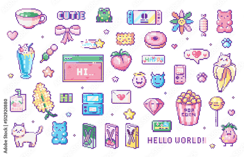 Vecteur Stock Pixel art y2k geek sticker set. 8bit retro game elements like  handheld consoles, sweets, animals, messages, cutie flowers, popcorn.  Vector graphic for game, decoration, stickers and cross stitch. | Adobe
