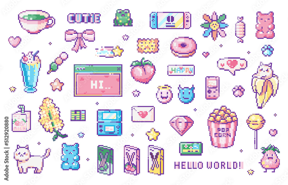Pixel art y2k geek sticker set. 8bit retro game elements like handheld consoles, sweets, animals, messages, cutie flowers, popcorn. Vector graphic for game, decoration, stickers and cross stitch. Pixel art y2k geek sticker set. 8bit retro game elements like handheld consoles, sweets, animals, messages, cutie flowers, popcorn. Vector graphic for game, decoration, stickers and cross stitch.