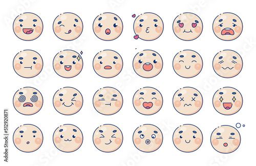 Baby fun face outline emoji icons set. Modern design emoticons face icons collection. Set of vector , emotions and feeling like happy, angry, sad, laughing, teasing and dizzy faces.