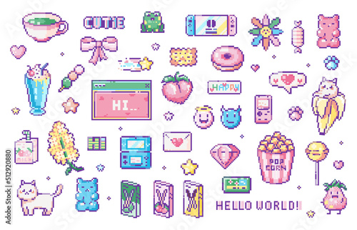 Pixel art y2k geek sticker set. 8bit retro game elements like handheld consoles, sweets, animals, messages, cutie flowers, popcorn. Vector graphic for game, decoration, stickers and cross stitch. 