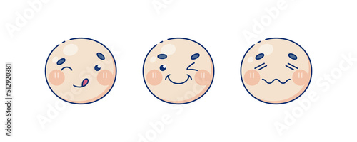 Positive and winking faces. Cute human baby face emoji set. Modern design emoticons face icons collection. Set of vector heads with feeling and expressions. 
