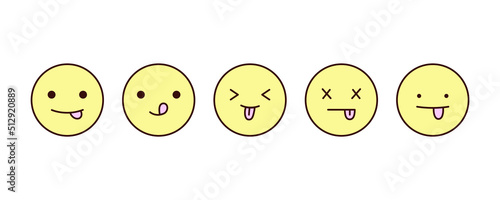 Cute and simple emoji set. Modern design emoticons face icons collection. Set of vector tongue smiles. Face emoji - teasing, licking, flirting, tired, exhausted.
