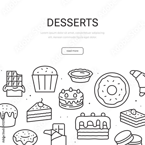 Set of desserts. Banner template. Simple Sweet Food Illustration.