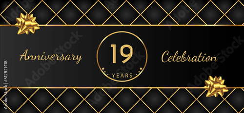 19 Year Anniversary Celebration with Gold Bow for Celebration Events, Wedding, greeting card, birthday party, and Invitation Isolated on Black Background. 19 Years Anniversary Logotype Vector.