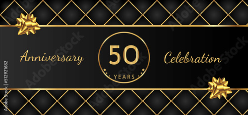 50 Year Anniversary Celebration with Gold Bow for Celebration Events, Wedding, greeting card, birthday party, and Invitation Isolated on Black Background. 50 Years Anniversary Logotype Vector.