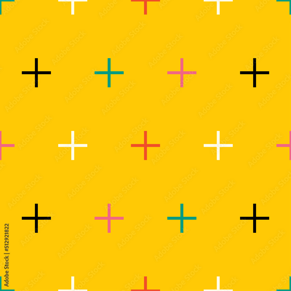 Retro pattern with multicolored crosses and pluses. Bright yellow background. Scandinavian flat vintage style. Texture for fabrics, cards, fabrics, posters, boxes, packages, gifts.