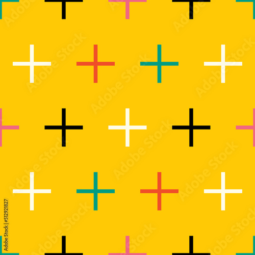 Retro pattern with multicolored crosses and pluses. Bright yellow background. Scandinavian flat vintage style. Texture for fabrics, cards, fabrics, posters, boxes, packages, gifts.