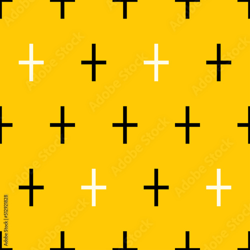 Retro pattern with crosses and pluses. Bright yellow background. Scandinavian flat vintage style. Texture for fabrics, cards, fabrics, posters, boxes, packages, gifts.
