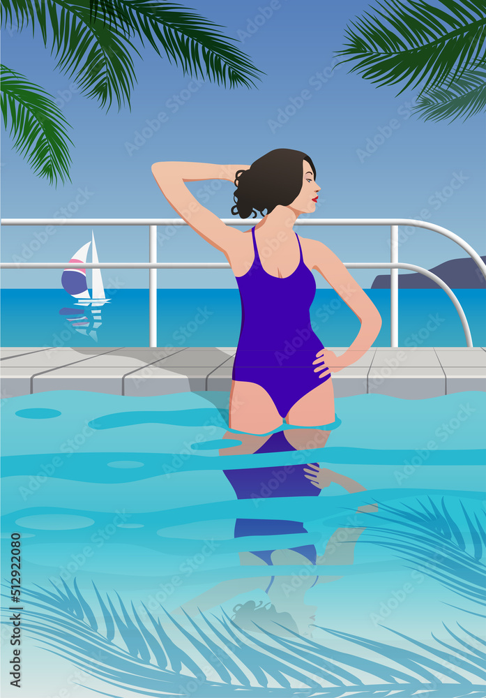 A girl in a blue swimsuit in the pool on the background of the sea. Vector.