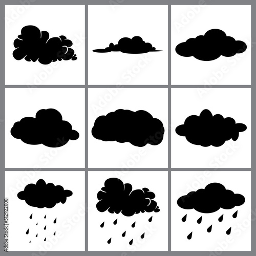 clouds black shape set. Cloud icon, cloud symbol. Set of different clouds. Collection of silhouette cloud Vector design isolated on white