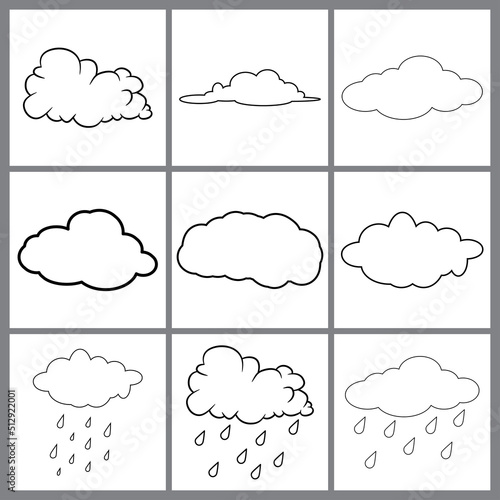 clouds line art set. Cloud icon, cloud shape. Set of different clouds. Collection of outline cloud Vector design isolated on white
