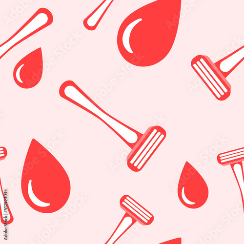 Seamless texutra on a pink background. Female epilation of bikini areas during menstruation. Red drops, blade and razor. The work of the master in the beauty salon.