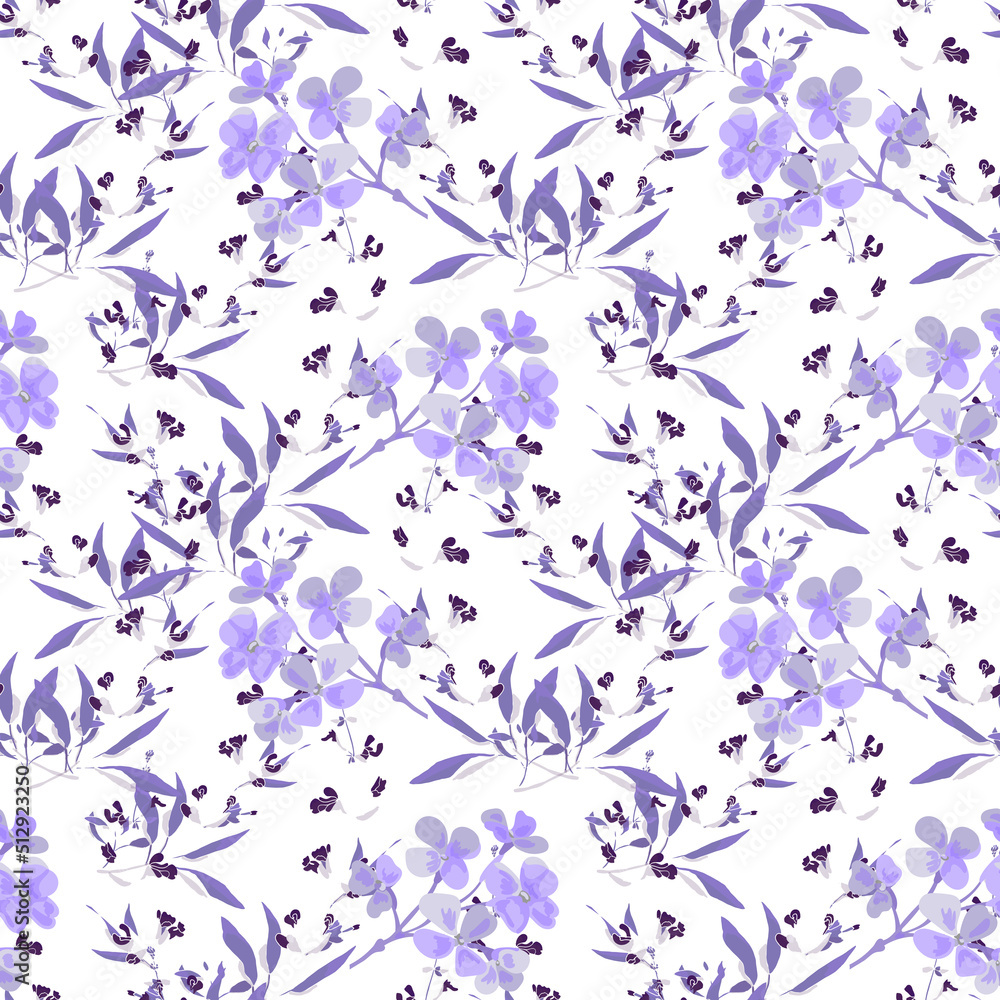 Vector floral seamless pattern. Purple flowers and twigs on a white background.