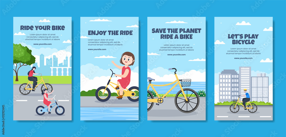 Lets Play Bicycle Social Media Stories Template Flat Cartoon Background Vector Illustration