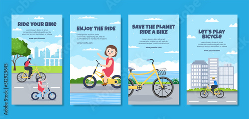 Lets Play Bicycle Social Media Stories Template Flat Cartoon Background Vector Illustration