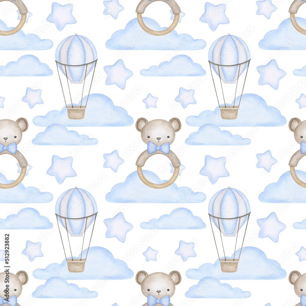 Newborn baby boy blue stroller and teddy bear teether background. Nursery  boy wallpaper design template. Boy elements seamless pattern, wrapping  paper, fabric, texture. Stock Illustration