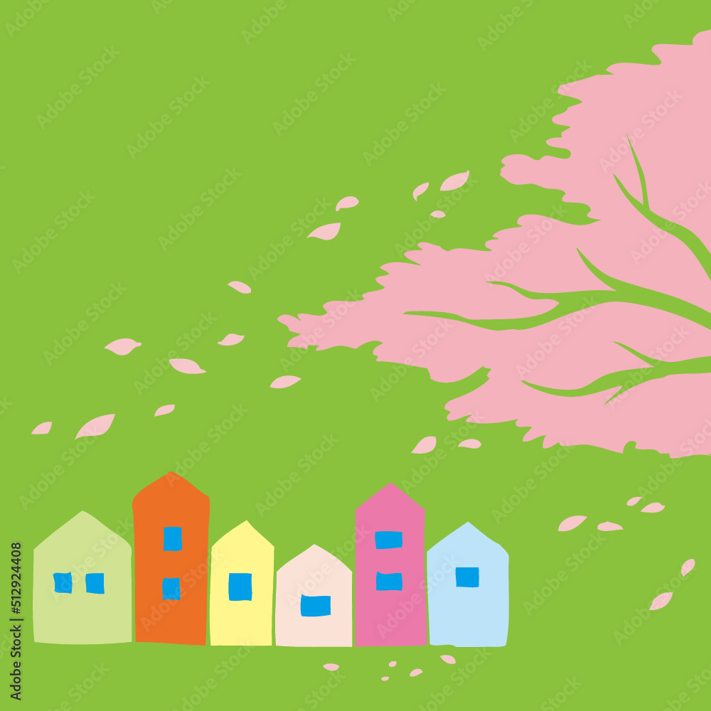 Houses with cherry blossom tree illustration - Vector