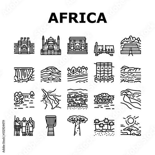 Africa Continent Nation Treasure Icons Set Vector. Drum Africa Traditional Musician Instrument And Serengeti National Park, Suleiman Pasha Mosque And Bandiagara Town Black Contour Illustrations