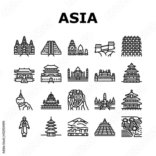 Asia Building And Land Scape Icons Set Vector. Asia Shaolin Monastery And Pagoda, Borobudur And Putrajaya Historical Building, Tegallang Rice Terraces And Temple Of Heaven Black Contour Illustrations