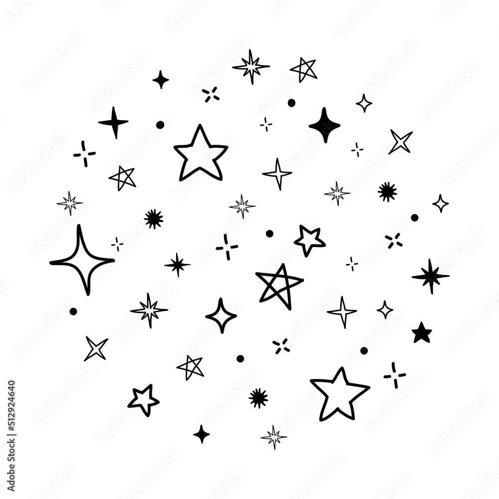Vector collection of night sky elements. For surface design, prints, wrapping paper, cards, posters, banners, printing. Theme room, Cosmonautics Day, astronomy, stars. celestial set