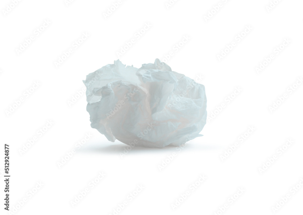 Single screwed or crumpled tissue paper or napkin after use isolated on white background with clipping path