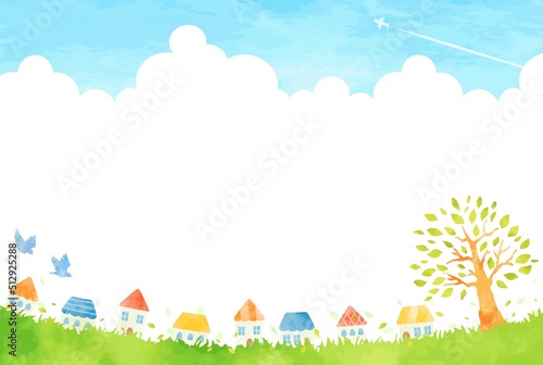 穏やかな手描きの街並みイラスト