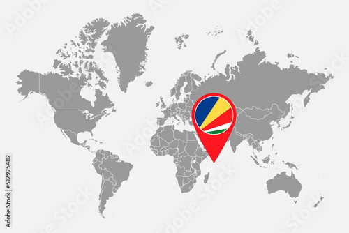 Pin map with Seychelles flag on world map. Vector illustration.