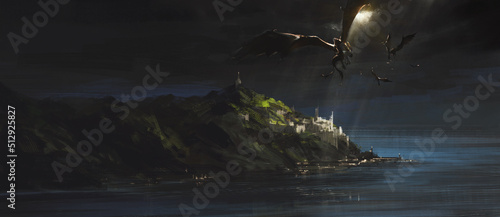 Dragon hovering over a medieval seaside city, 3D illustration.