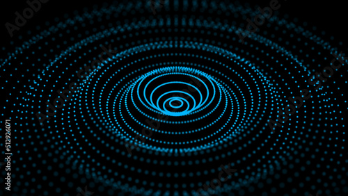 Digital vibration and sound wave. Circle pulse wave with points and particles on the dark background. 3D rendering.