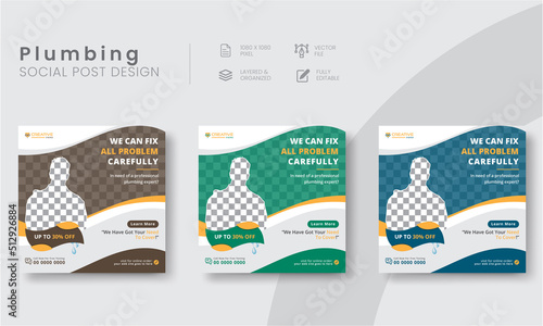 Professional commercial plumber social media posts templates for plumbing services marketing. Modern emergency plumbing social media post design square layout.