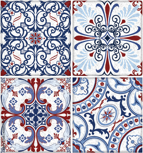 Vintage blue and red tiled wall and floor stone pattern with unique mixed design pattern.