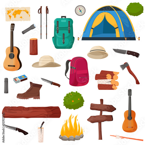 Camping and hiking set. Summer camp travel tools collection for survival in wild  tent  backpack  map  axe  campfire and other camping equipment.