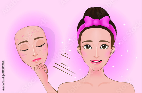 Vector modern flat style cartoon character illustration. A girl with no problem from her skin with acne. Such as lifting the mask.