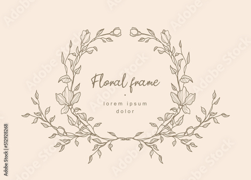 Hand drawn line floral frame. Elegant vintage wreath. Logo template.Vector illustration botanical decoration elements for label, branding business identity, wedding invitation, greeting card