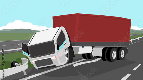 Container truck accident. Head of a car driving on the side of the road. Parked stuck truck on the lawn with damaged barricade. Asphalt road routes across rural areas. Distant mountains under blue sky