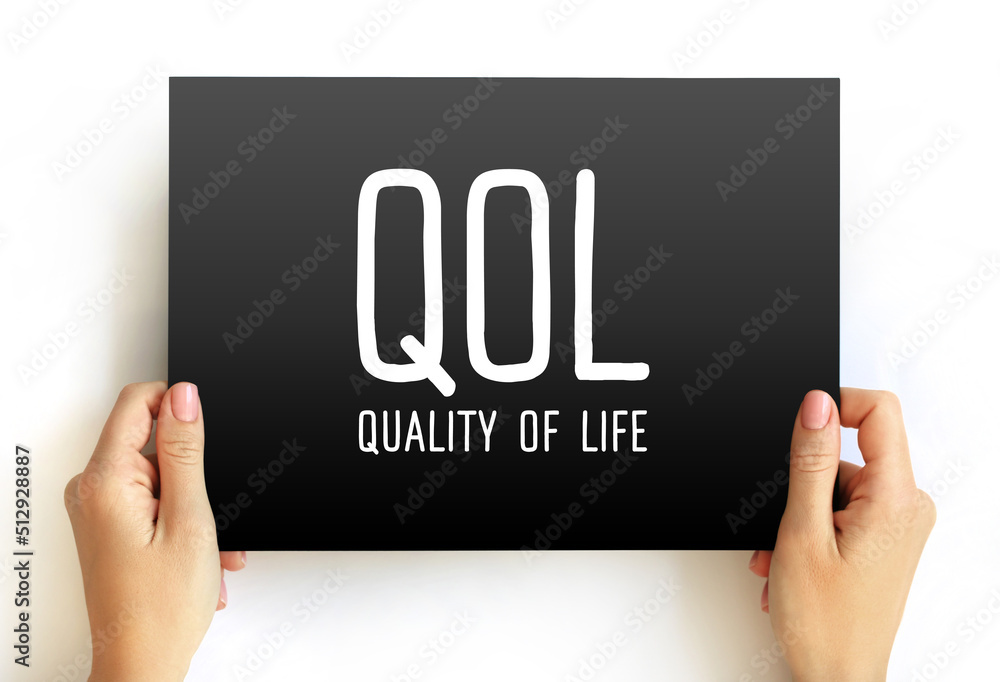 QOL Quality of life - degree to which an individual is healthy, comfortable, and able to participate in or enjoy life events, acronym concept on card - obrazy, fototapety, plakaty 