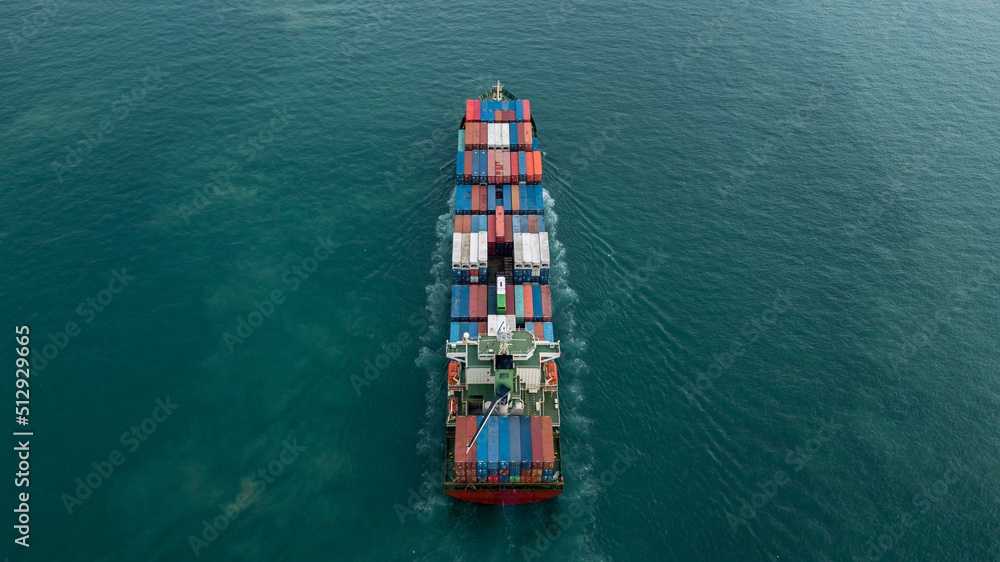 Fototapeta premium Aerial view container ship, Global business import export logistic transportation of international by container cargo ship in the open sea, Marine cargo vessel company freight shipping.