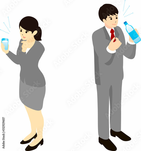 熱中症　予防　対策　水分補給　人物　男性　女性　アイソメトリック　ビジネス　シンプル　イラストセット