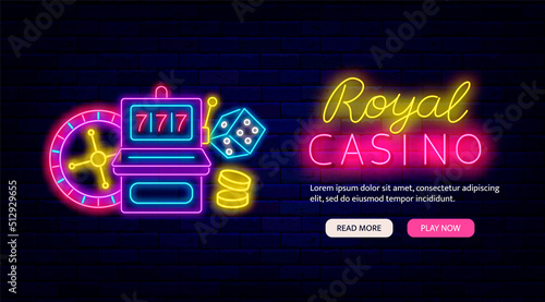 Royal casino neon landing page template. Roulette, slot machine sign. Shiny advertising. Vector stock illustration