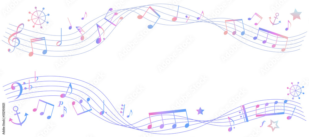 夏をイメージした楽譜のフレームイラスト 五線譜 背景イラスト 音符 休符 楽譜記号のイラスト マリンモチーフ 舵 イカリ Stock ベクター Adobe Stock