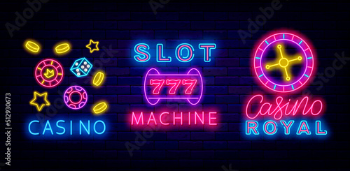 Casino neon signs collection. Game online. Slot machine label. Glowing jackpot badges. Vector stock illustration