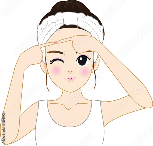 Drawing of a young woman squeezing acne. A person with acne.