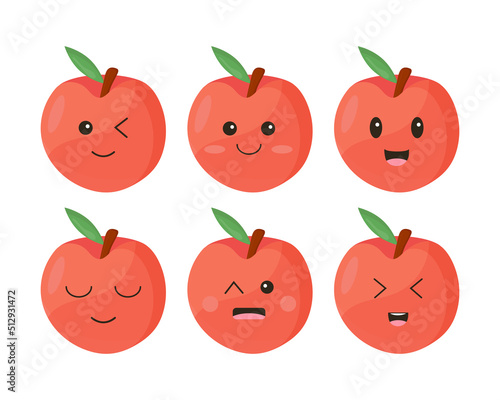 Set of peaches with kawaii eyes isolated on white background. Flat vector design illustration